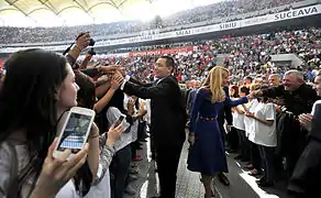 Victor Ponta launching his candidacy on National Arena, in the presence of his wife Daciana Sârbu (right) and 70,000 other people