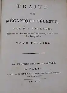 Title page to Volume I of "Traité de mécanique céleste" (1799)