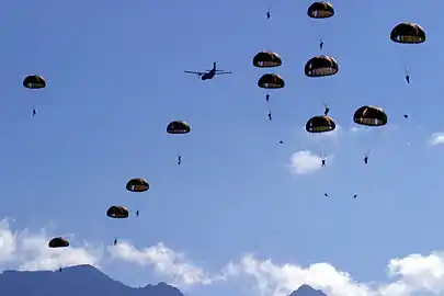 Legionnaires parachute from a C-160 while training at Camp Raffalli in Corsica.