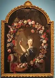 Oil on canvas portrait of Helene Lambert de Thorigny by Nicolas de Largillière (portrait) and Jean-Baptiste Belin (flowers), c. 1696–1700, 63 × 45 in., Honolulu Museum of Art