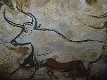 Paleolithic cave painting in Lascaux, France. Showing dots and the 'Y' symbol believed to indicate notional counting in a Lunar calendar