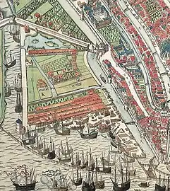 Detail of a woodcut from 1544 by Cornelis Anthonisz. showing the Lastage area