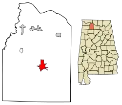 Location of Moulton in Lawrence County, Alabama.