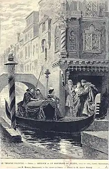 elaborate stage scene showing a group of men assisting a young woman from a canalside house in Venice into a gondola