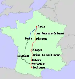 The route of Le Capitole (red and orange) and its TGV replacement (blue and grey)