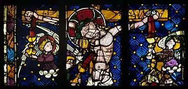 Gothic stained glass window "Christ on the Cross" from Strasbourg (early 15th century)