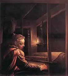 16th-century painting of Penelope weaving by candlelight.