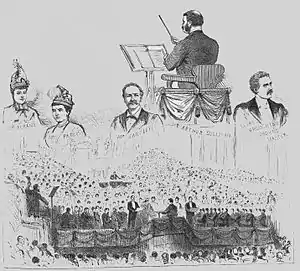 Drawing of scenes from the festival premiere of The Golden Legend showing the chorus, the faces of the principal singers and Sullivan's back, as he stands conducting. Black and white.