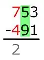 Because the next digit of the minuend is smaller than the subtrahend, we subtract one from our penciled-in-number and mentally add ten to the next.