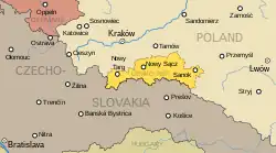 The approximate extent of the territory claimed by the Lemko Republic (yellow).