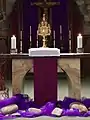 Lent with the liturgical color violet draping and rocks for the time Jesus spent in the desert at the Mount of Temptation