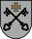 Argent two keys sable saltirewise under a cross pattée or (Lesser coat of arms of Riga, Latvia)
