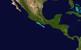 Path of a tropical storm close to Mexico.