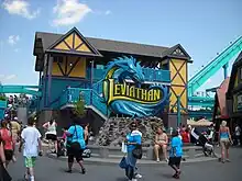 View of a two-storey rider entrance for the Leviathan roller coaster