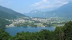 Levico Terme seen from near the Tenna municipality with Lake Levico in the front.