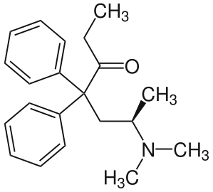 Structure of L-methadone, a key molecule whose crystals were studied in the development of the BD angle concept.