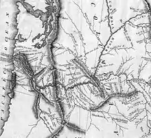 Early grayscale map of the lower Columbia River and its tributaries and surrounds showing the locations of mountain ranges and Indian villages from what is now eastern Washington to the Pacific Ocean.