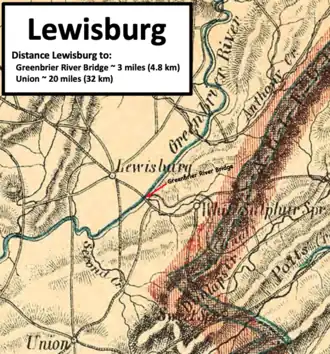 map showing three roads crossing at Lewisburg and a bridge across a river not far away