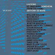 Cover art for ECM New Series album Liaisons: Re-Imagining Sondheim from the Piano performed by Anthony de Mare. A list of composers involved in the album appears in all caps in a sans serif typeface: "William Bolcom, Nico Muhly, Steve Reich, David Rakowski, Wynton Marsalis, Mark-Anthony Turnage, Ethan Iverson, Frederic Rzewski, Fred Hersch, Thomas Newman, Nils Vigeland, Jake Heggie, Annie Gosfield, Tania Leon, Mary Ellen Childs, Jherek Bischoff, Jason Robert Brown, Andy Akiho, ..."