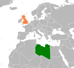 Map indicating locations of Libya and UK