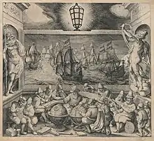 Book frontispiece of the sailing handbook "The light of navigation".  (On the left side, Neptune, the god of water and the sea, on the right Aeolus, the ruler of the winds)