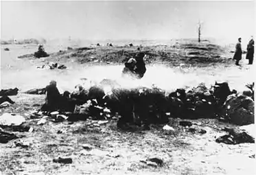 A group of Jewish women huddled together, waiting to be shot on the beach