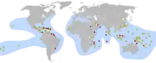 This world map shows concentrated nesting sites in the Caribbean and northeast coast of South America. Many other sites are spread across South Pacific islands, with other concentrations in the Red Sea and Persian Gulf, China's East coast, Africa's southeast coast and Indonesia.