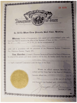 Life-Lube, Inc. certificate of incorporation from the Minnesota Department of State.