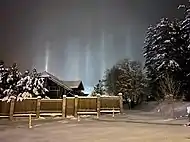 Light Pillars in Raubichi, Belarus on a cold night in January.