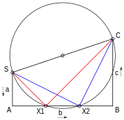 Figure 6. Geometric solution of eh x squared plus b x plus c = 0 using Lill's method. The geometric construction is as follows: Draw a trapezoid S Eh B C. Line S Eh of length eh is the vertical left side of the trapezoid. Line Eh B of length b is the horizontal bottom of the trapezoid. Line B C of length c is the vertical right side of the trapezoid. Line C S completes the trapezoid. From the midpoint of line C S, draw a circle passing through points C and S. Depending on the relative lengths of eh, b, and c, the circle may or may not intersect line Eh B. If it does, then the equation has a solution. If we call the intersection points X 1 and X 2, then the two solutions are given by negative Eh X 1 divided by S Eh, and negative Eh X 2 divided by S Eh.