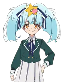 Anime character Lily Hoshikawa, a young female child with bright blue hair done in two large pigtails, and a blue and white ribbon punctuated by a star accessory. She is dressed in a green and white colored Japanese school uniform with a white skirt, and is placing her left hand on her hip.