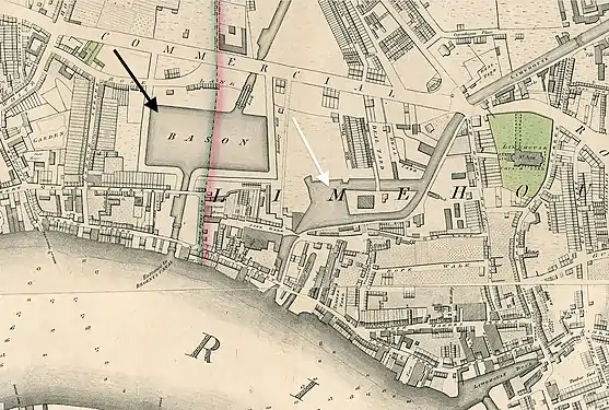 Horwood's map 1819 (black arrow = Limehouse Basin, white = Limehouse Cut)