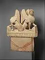 Limestone funerary stele (shaft) surmounted by two sphinxes. Greece, 5th century BC.