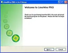 A screenshot of the installation of limewire pro that was attained via the free version of limewire