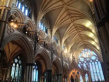 Lincoln Cathedral, Angel Choir, 2nd half of C 13, blind tracery below a dark triforium