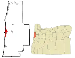 Location of Newport in Lincoln County, Oregon (left) and in Oregon (right)