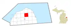 Location within Huron County (red) and an administered portion of the Kinde village (pink)