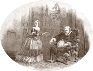 stage scene featuring young woman standing and old man in a chair, apparently insensible
