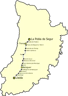Route map of the Lleida–La Pobla Line within the province of Lleida.