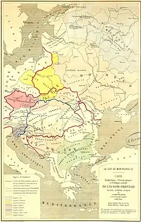 "ruthenian languages and people" mentioned in the linguistic and political map of Eastern Europe by Casimir Delamarre (1868)