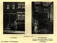 Two photographs of apartment buildings. A person is standing in front of them