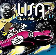 A drawing of a woman riding a purple Alfa Romeo Disco Volante in space