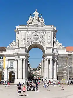 The Rua Augusta Arch in Praça do Comércio, Lisbon, Portugal, built to commemorate the city's reconstruction after the 1755 earthquake