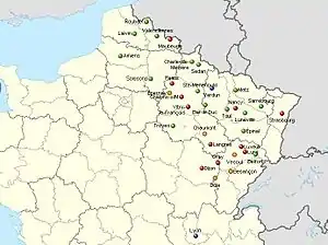 Map of northern France displaying city names where churches are located, with colors indicating when they were established (or incorporated into the FEM)
