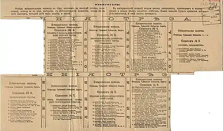 A sheet with samples of the ballots of different parties contesting the Petrograd electoral district. The sheet had been distributed by the electoral authorities prior to the vote, urging voters to cut out their preferred ballot and bring it to the polling station. The ballots include the listing of names of candidates, with their addresses. The Bolshevik List (No. 2) is headed by Lenin, the Menshevik List (No. 3) is headed by Mikhail Liber. The Estonian List (No. 4) ballot is bilingual, with the candidate listing appearing in both Russian and Estonian (the latter written in Fraktur script).