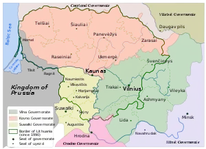 Image 90Modern Lithuania with the former Russian Empire's administrative divisions (governorates) shown (1867–1914). (from History of Lithuania)