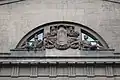 Old Bank of Lithuania building with Vytis (Waykimas) and the Columns of Gediminas in Kaunas, created in 1927.