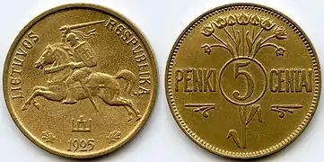 Coin of 5 Lithuanian cents with Vytis and the Columns of Gediminas
