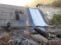 A photograph of concrete dam. The dam appears to have been poured in blocks, so the face is rectangular splotches with some blocks different colors than the others. Oozing water and algae highlight the cracks between the blocks. A thin river of white water cascades down the spillway into a pond at the foot of the dam. A valve at the foot of the dam looks like a pagoda. Rocks and debris are accumulated in the foreground. An autumnal hill rises above the reservoir in the background.