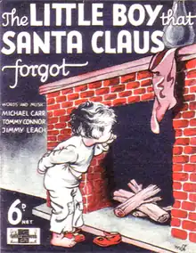 Front cover of a sheet music book, with a drawing of a young boy standing on front of a fireplaces, on which hangs an empty stocking. He is looking expectantly up the chimney. In the corner of the cover is the price "6d".